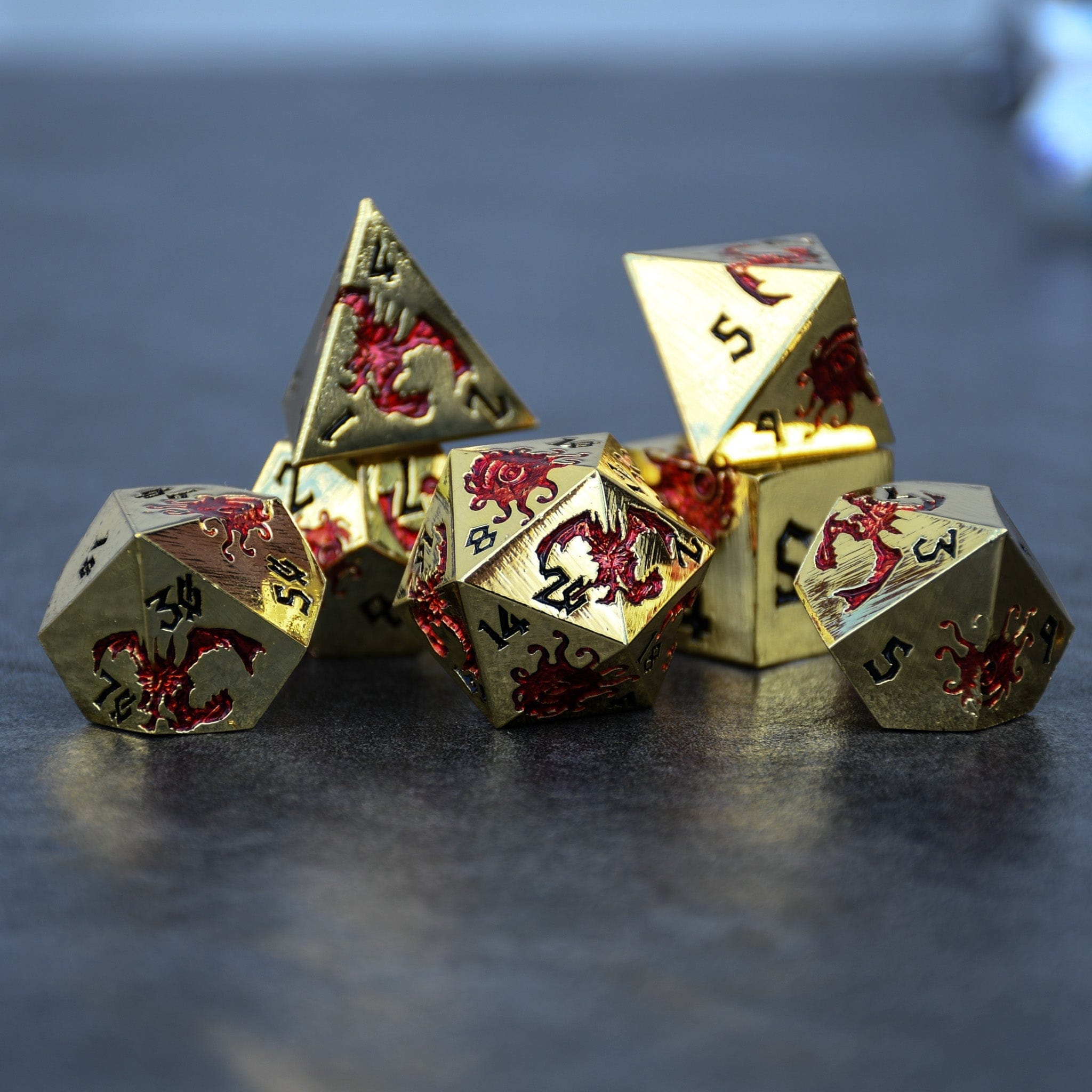 Misty Mountain Gaming Metal Monster Manual Dice - Gold and Red