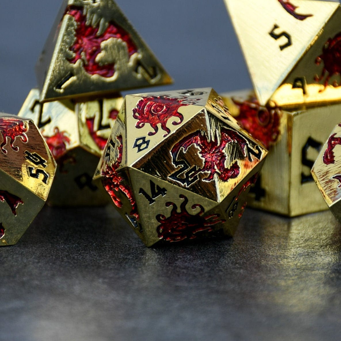 Misty Mountain Gaming Metal Monster Manual Dice - Gold and Red