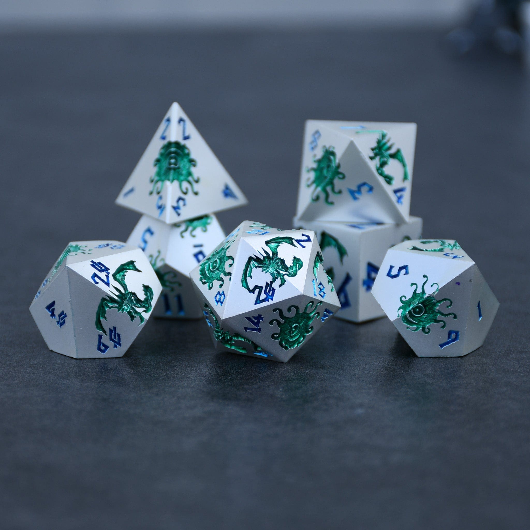 Misty Mountain Gaming Metal Monster Manual Dice - Silver and Green