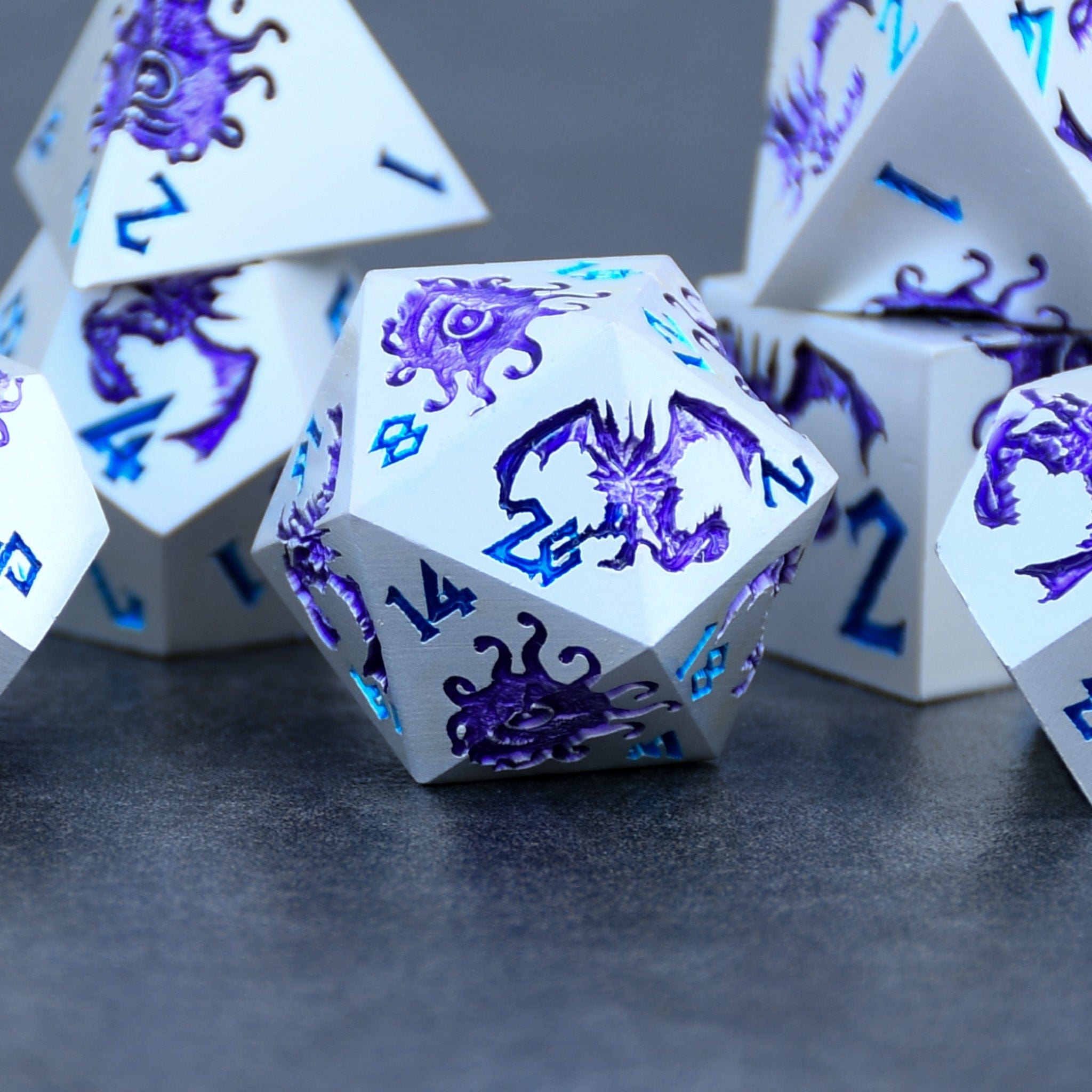 Misty Mountain Gaming Metal Monster Manual Dice - Silver and Purple
