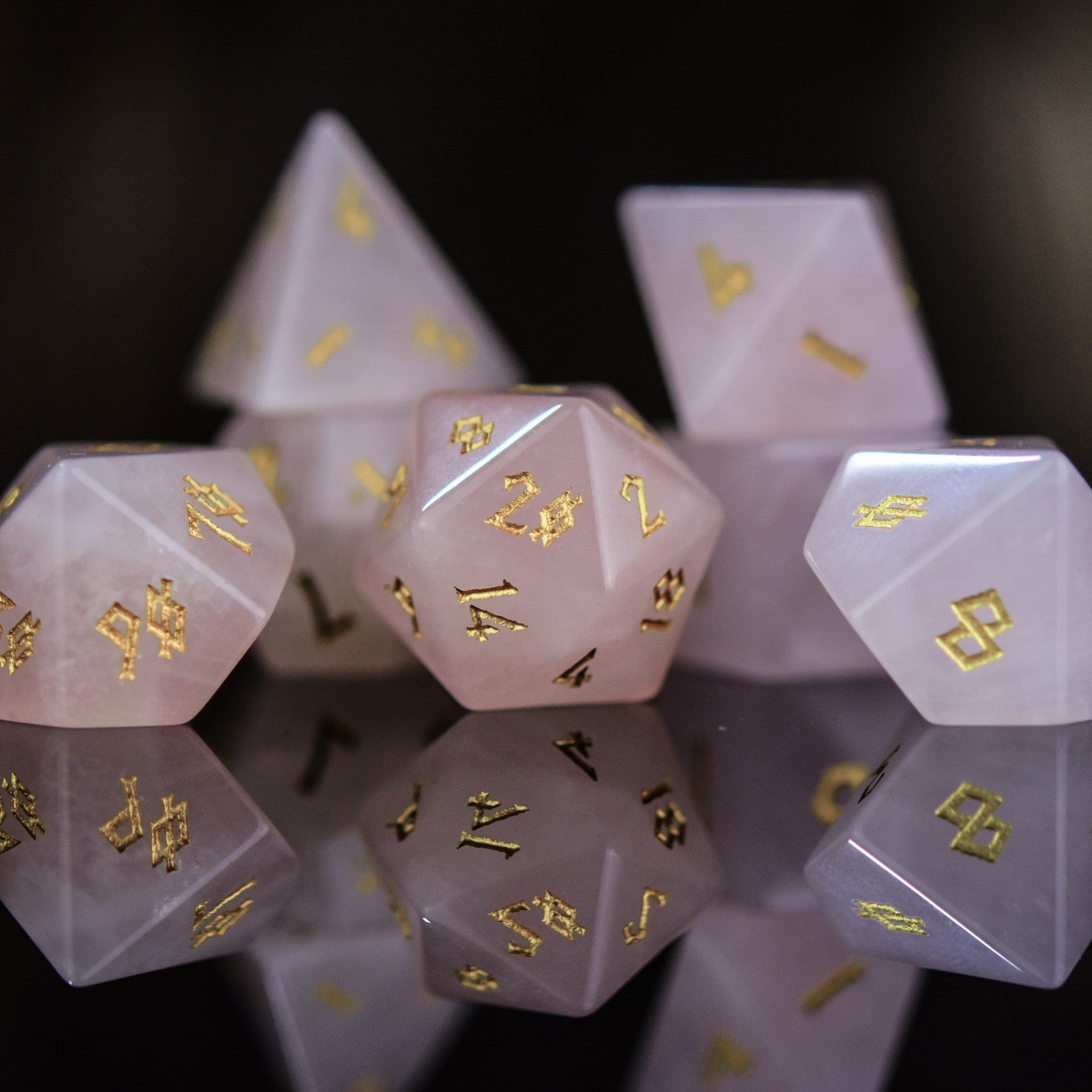 Misty Mountain Gaming Stone/Glass Rose Quartz Stone Dice Set