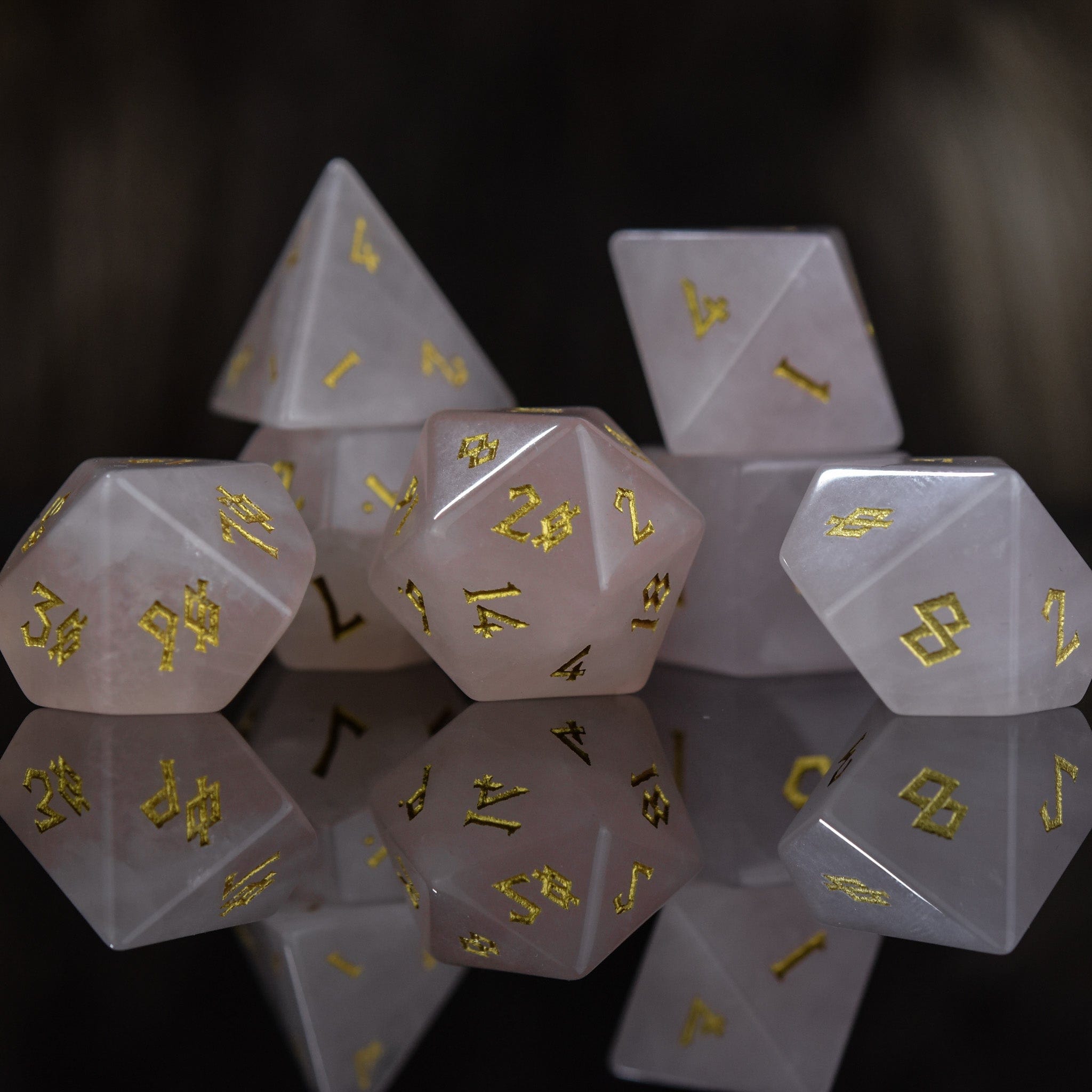 Misty Mountain Gaming Stone/Glass Rose Quartz Stone Dice Set