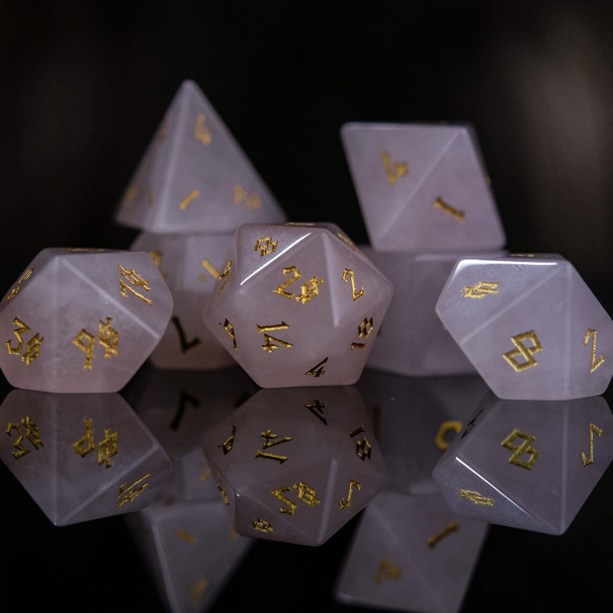 Misty Mountain Gaming Stone/Glass Rose Quartz Stone Dice Set