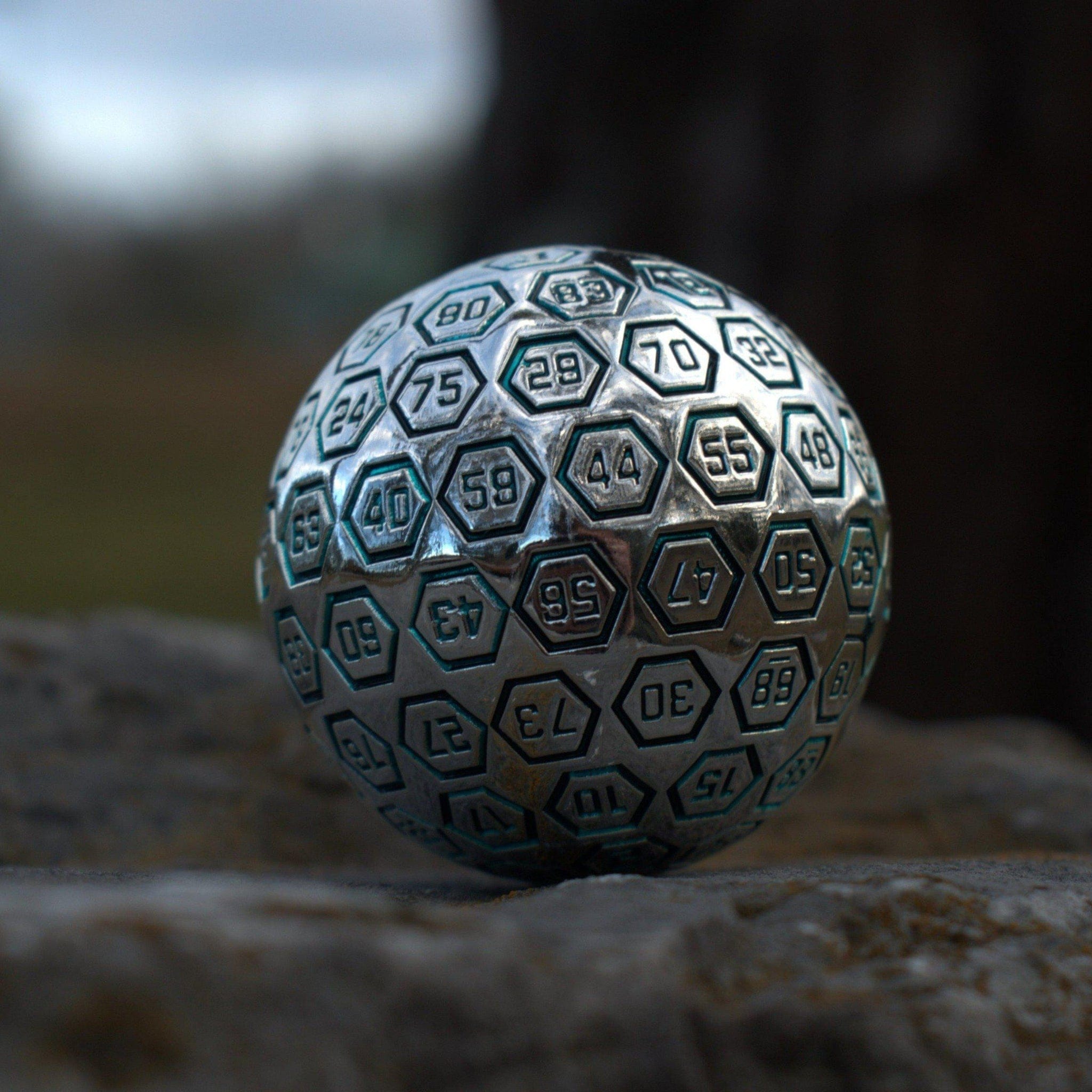 Misty Mountain Gaming D100 The Orb D100 -  Aqua and Silver Metal Die