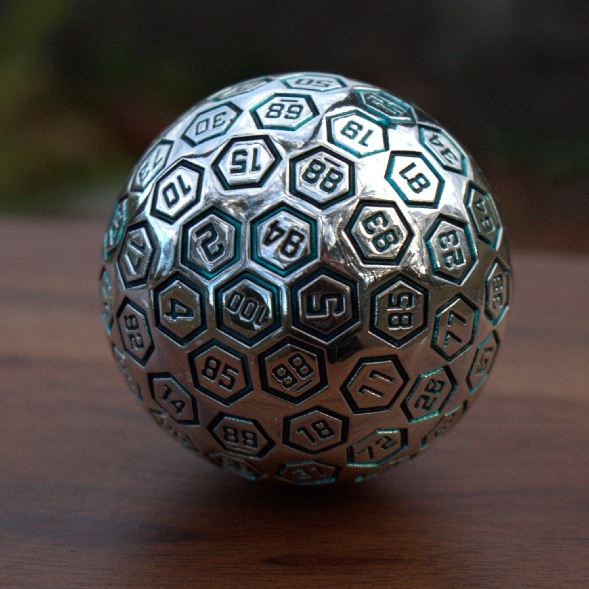 Misty Mountain Gaming D100 The Orb D100 -  Aqua and Silver Metal Die