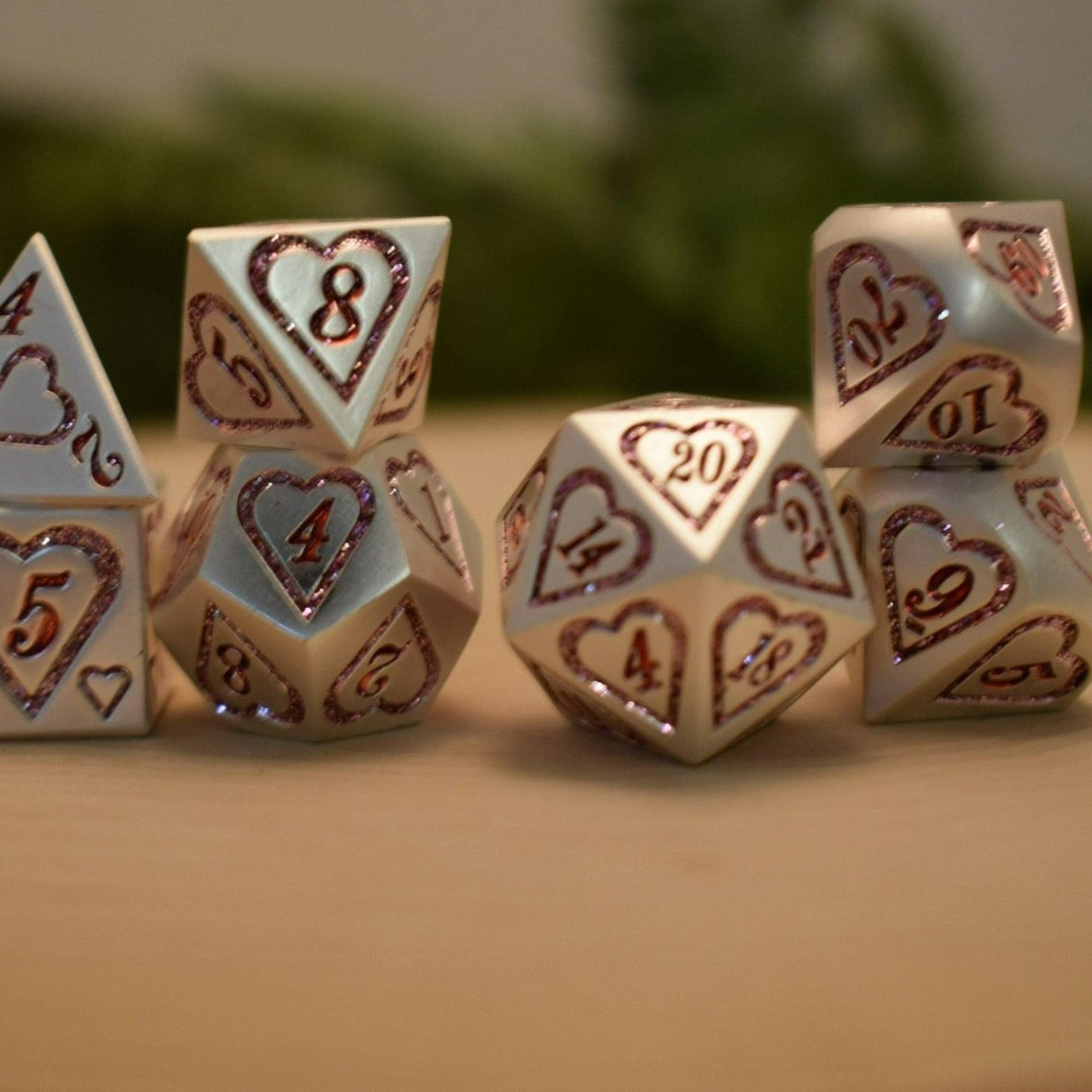 Misty Mountain Gaming Metal Valentine Pink and Silver Heart Metal Dice Set