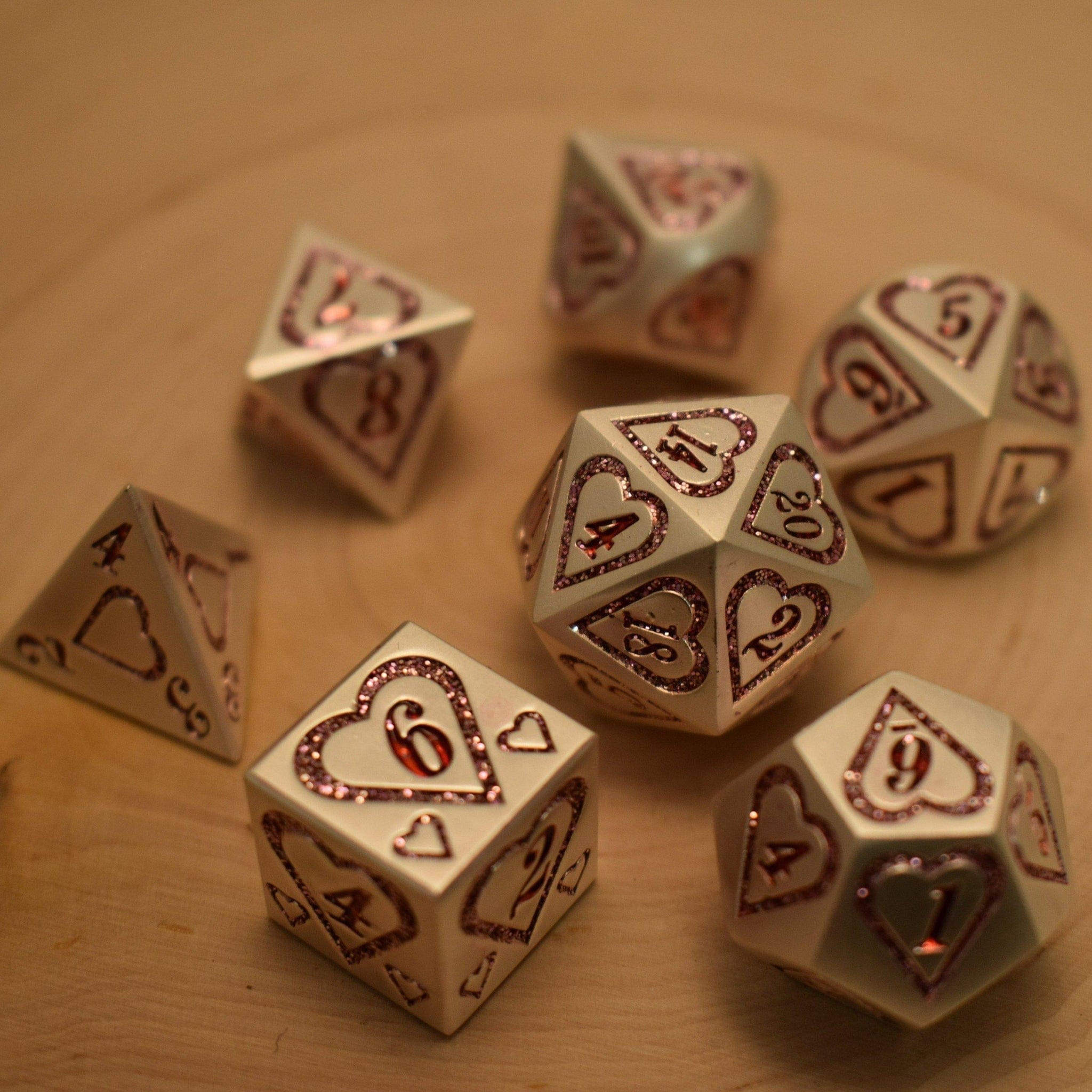 Misty Mountain Gaming Metal Valentine Pink and Silver Heart Metal Dice Set