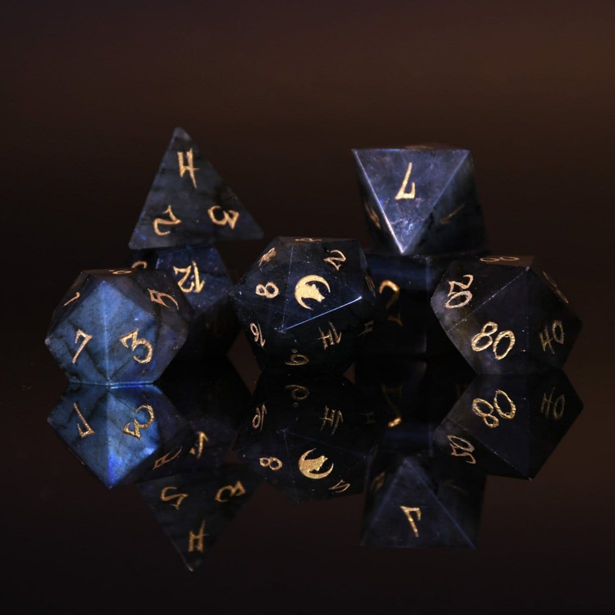 Misty Mountain Gaming Stone/Glass Werewolf Labradorite "Moonstone" Stone Dice Set