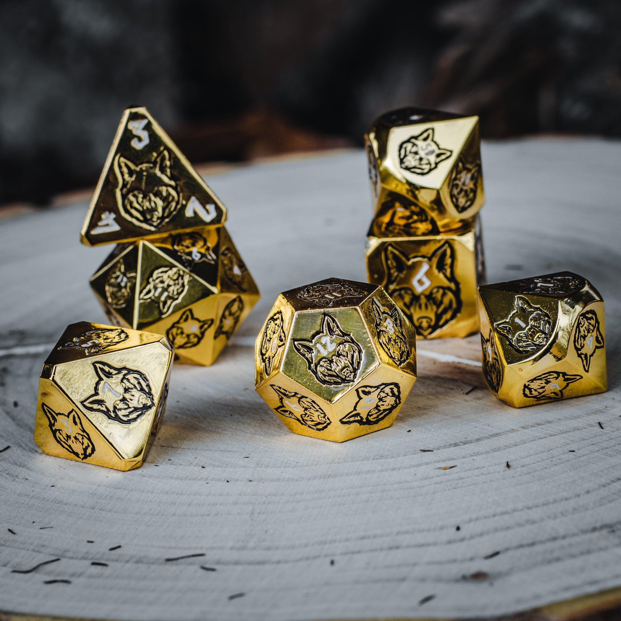 Misty Mountain Gaming Metal Wolves' Den White, Black, and Gold Metal Dice Set