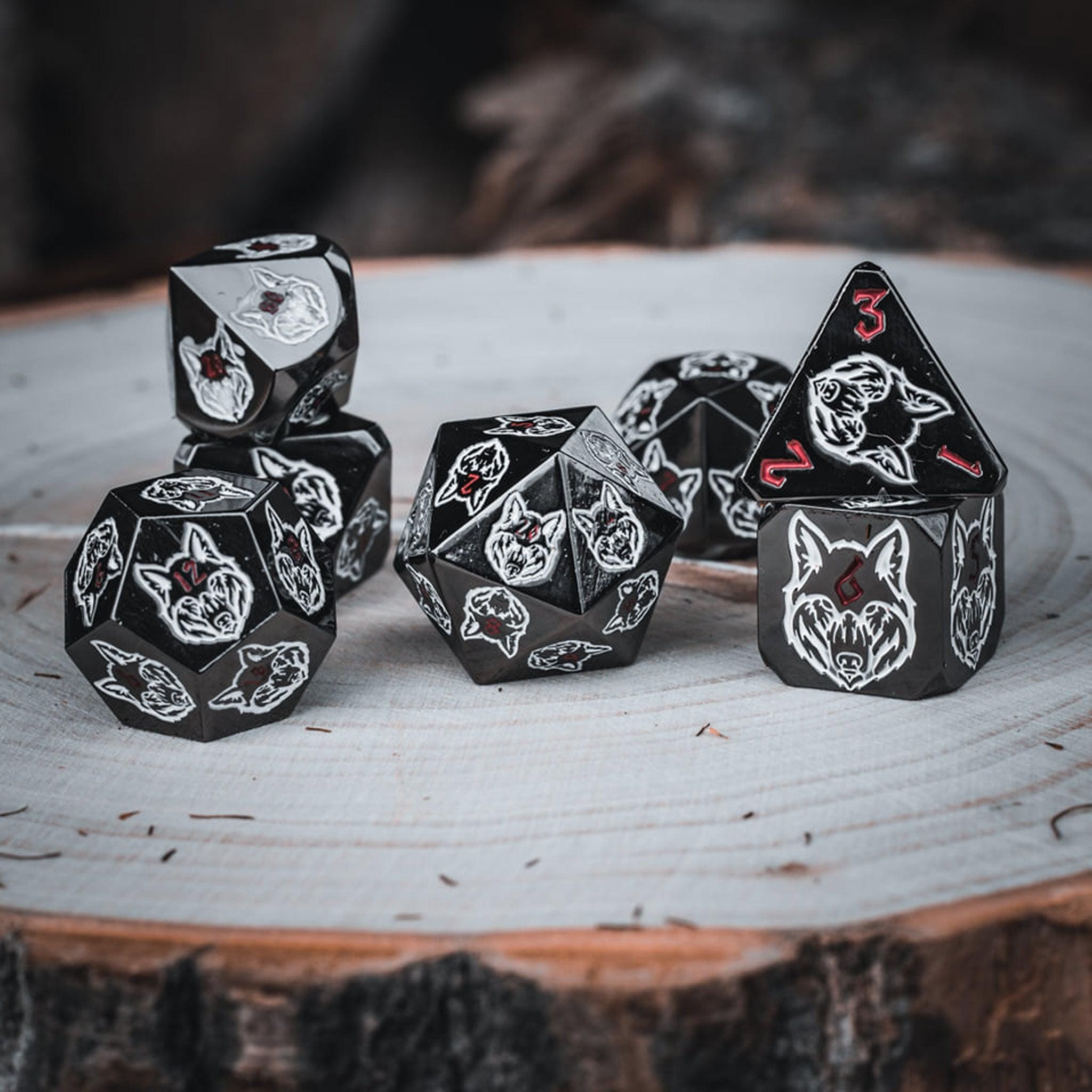 Misty Mountain Gaming Metal Wolves' Den White, Red, and Black Metal Dice Set