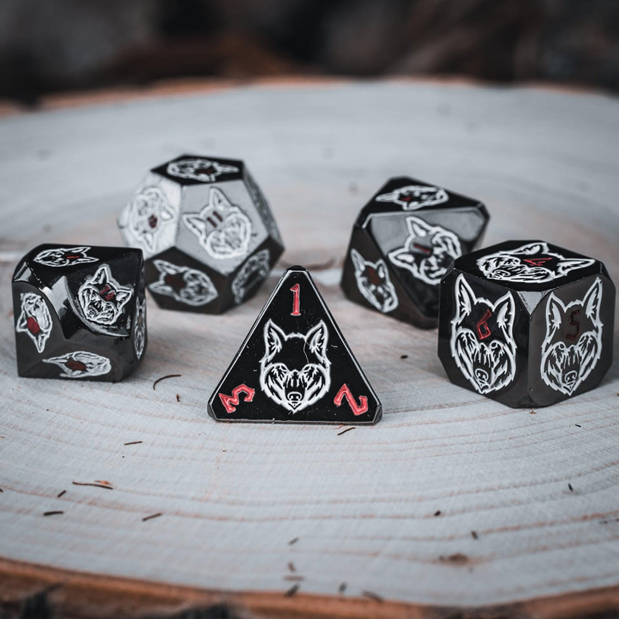 Misty Mountain Gaming Metal Wolves' Den White, Red, and Black Metal Dice Set
